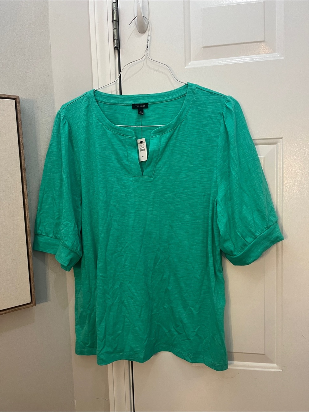 Talbots Teal Green Split-Neck Puff Sleeve Top